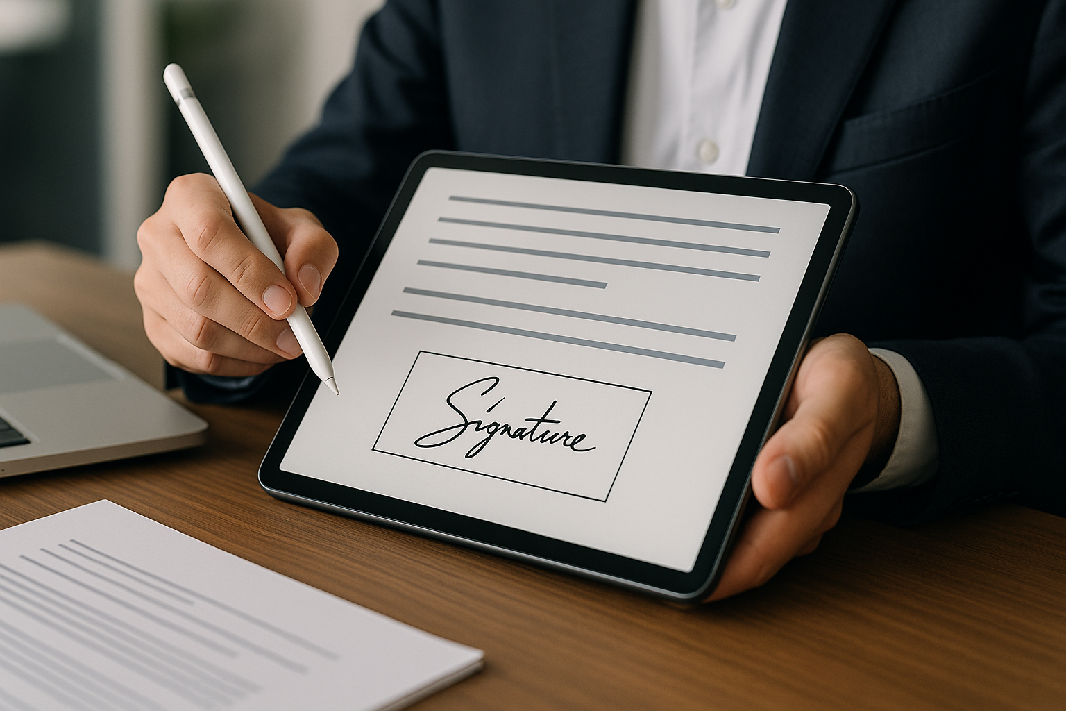 Firma digitale su tablet in ambiente professionale