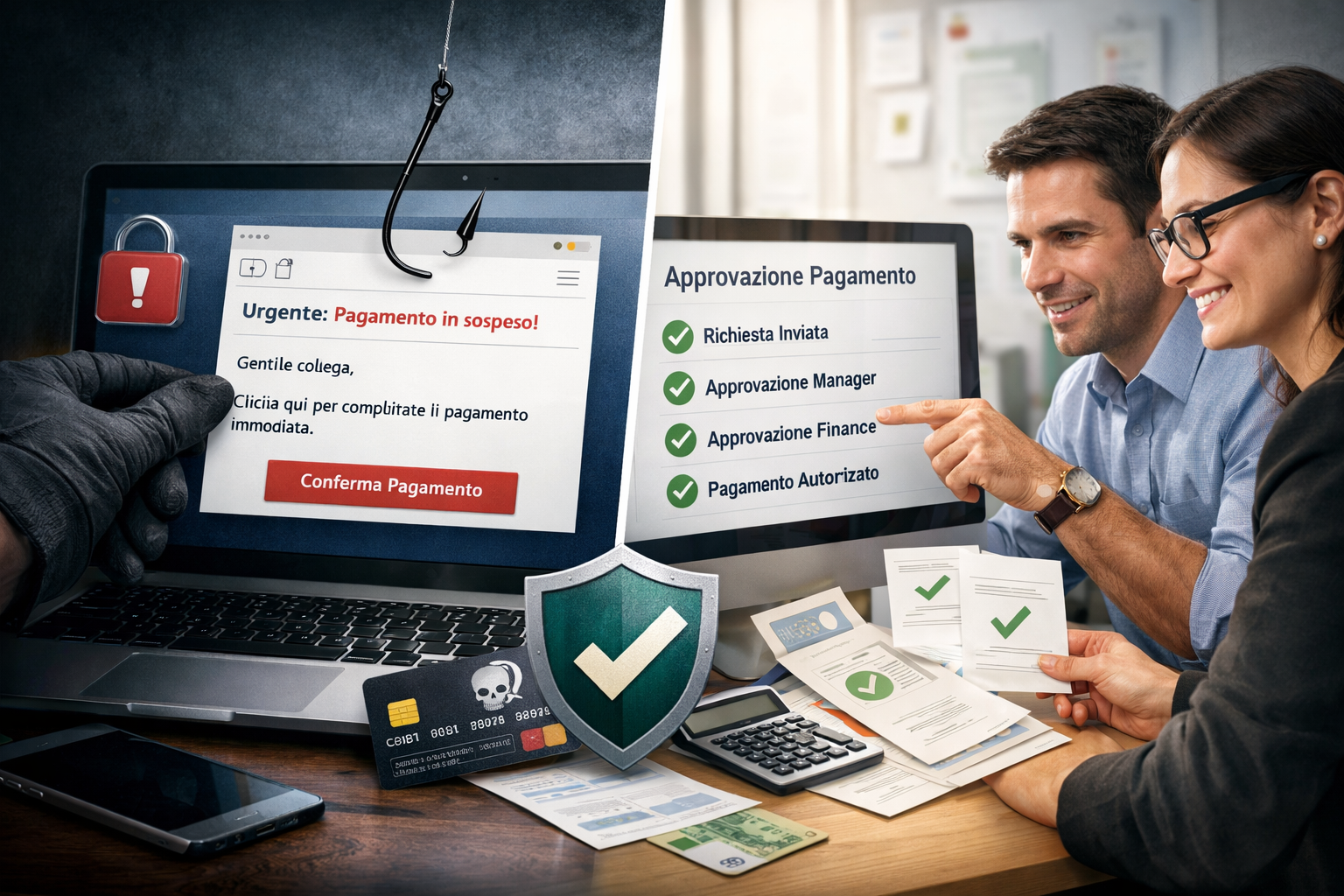 Confronto tra una richiesta di pagamento via email fraudolenta e un workflow approvativo strutturato